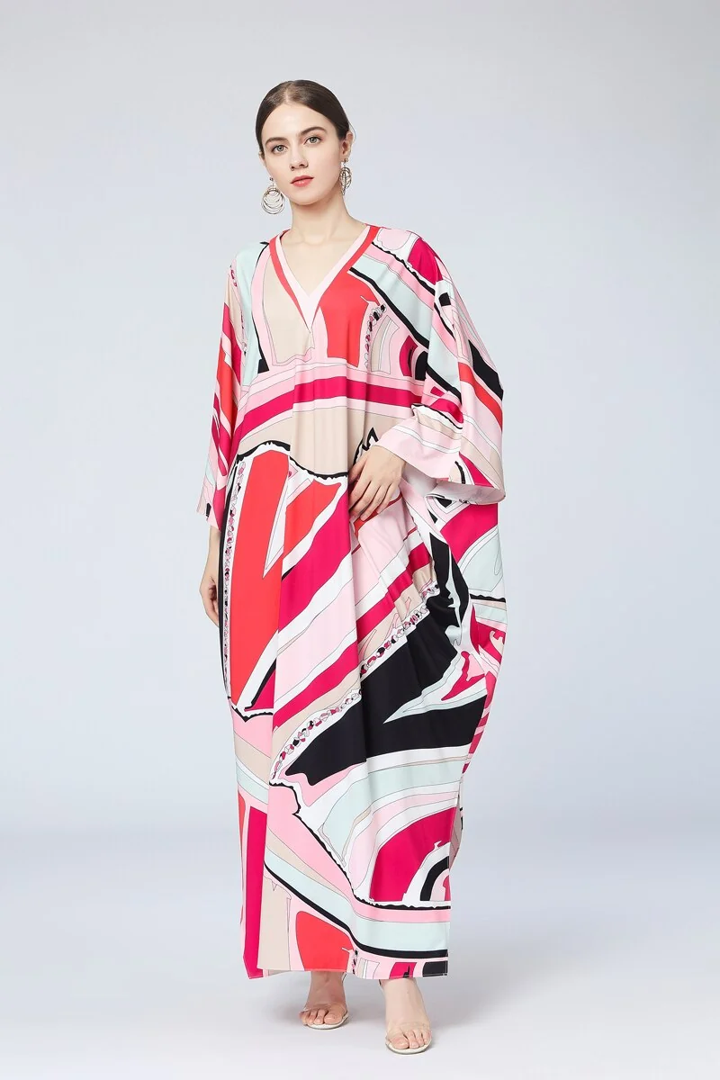 Women's Runway Loose Design Autumn Dresses Lace Up Batwing Sleeves Multicolor Printed Elegant High Street Split Boho Maxi Dresse