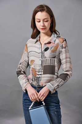 100% Silk Women's Shirt Turn Down Collar Long Sleeves Printed Elegant Blouse Fashion Camisa Tops