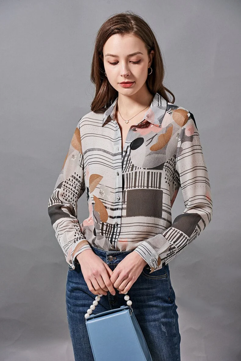 100% Silk Women's Shirt Turn Down Collar Long Sleeves Printed Elegant Blouse Fashion Camisa Tops