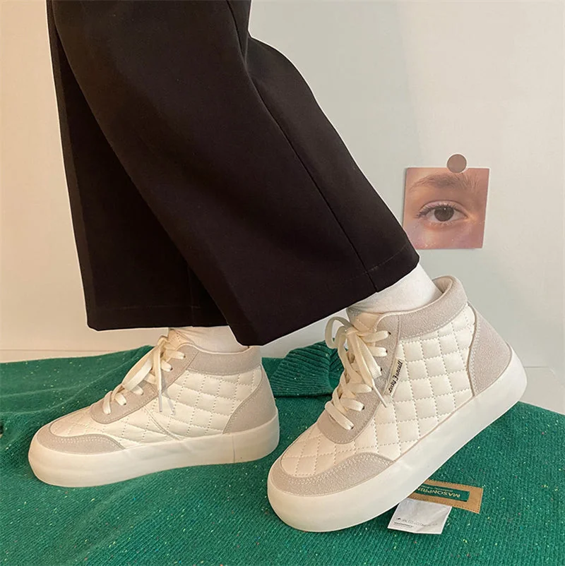 Women Shoes Autumn White PU Leather Sneakers Fashion Platform Sport Shoes Plaid Lace-up Casual Comfy Ankle Boots - Image 3