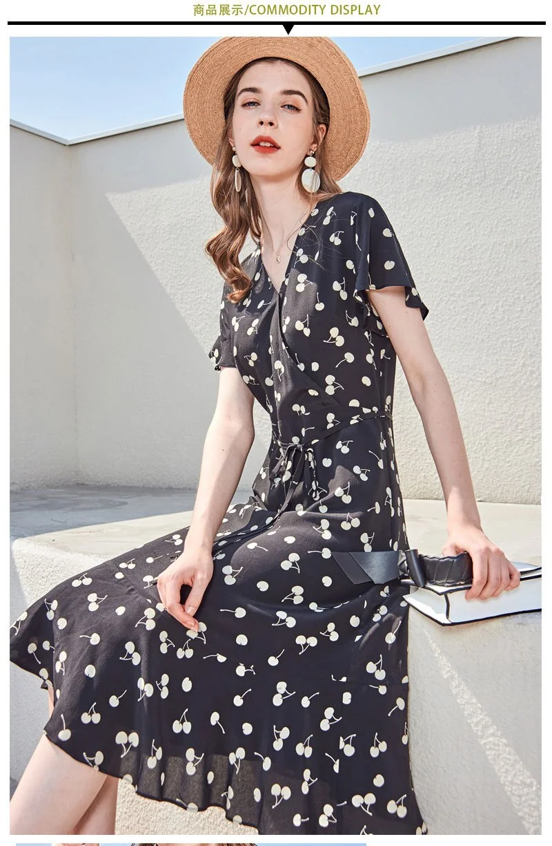 100% Silk Women's Dresses V Neck Short Sleeves Ruffles Printed Fashion Casual Summer Holiday Dresses - Image 3
