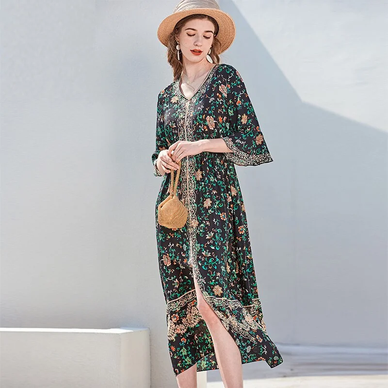 100% Silk Women's Runway Dresses Sexy V Neck 3/4 Flare Sleeves Floral Printed Fashion Mid Summer Dresses - Image 2