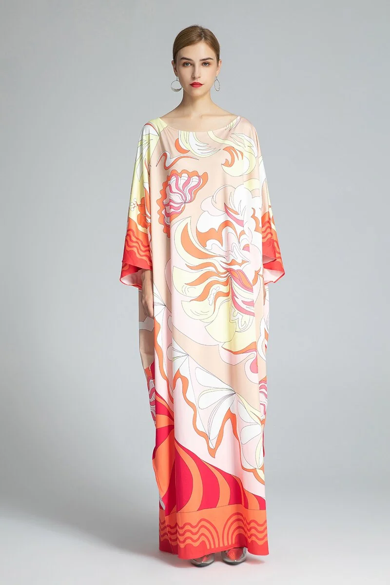 Women's Runway Dresses O Neck Batwing Sleeves Knitted Printed Elegant Long Autumn Robes Dresses Vestidos