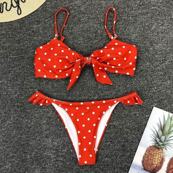 2021 Bikinis Mujer Sexy Ruffle Swimwear Women Tie Front Swimsuit Polka Dot Print Biquini Beach Wear Bathers Bathing Suit - Takalr