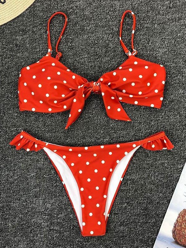 2021 Bikinis Mujer Sexy Ruffle Swimwear Women Tie Front Swimsuit Polka Dot Print Biquini Beach Wear Bathers Bathing Suit - Takalr