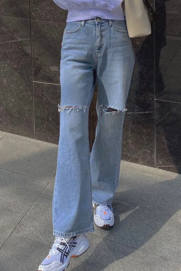 High Waist Ripped Jeans for Women Loose Straight Hole Denim Trousers Retro Jeans