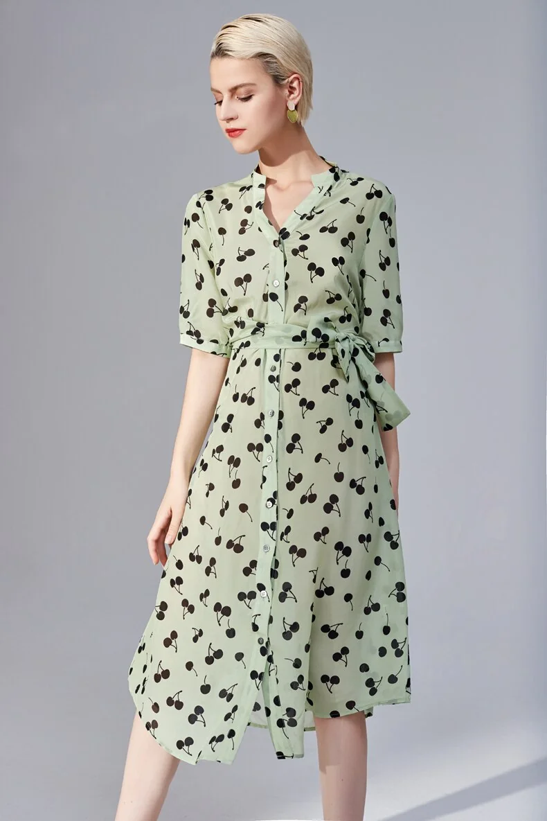 100% Silk Women's Runway Dresses Sexy V Neck Short Sleeves Printed Lace Up Belt Fashion Casual Summer Dresses - Image 5