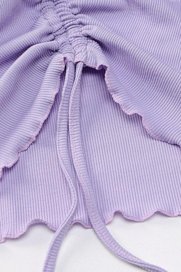 LVINMW V Neck Flare Sleeve Long Drawstring Slim Purple Crop Top Pleated Solid Simple Sweet T Shirts Women Casual Autumn Tops - Takalr