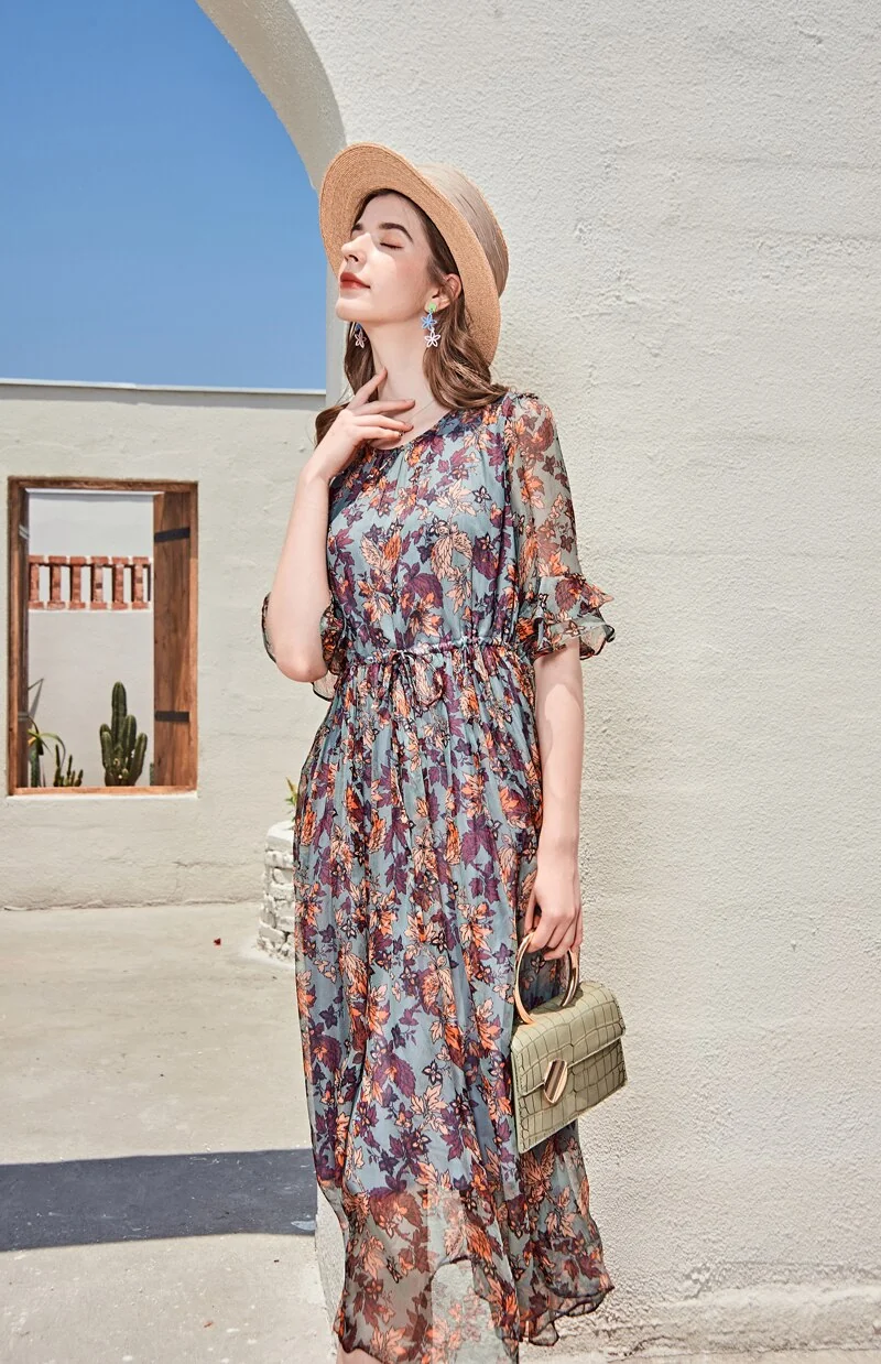 100% Silk Women's Runway Dresses O Neck Short Sleeves Ruffles Floral Printed Lace Up Waist Fashion Casual Mid Calf Dresses - Image 3