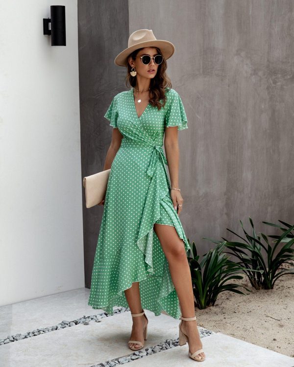 Summer Maxi Dress Women Polka Dot Sexy V Neck Ruffles Short Sleeve Holiday Long Beach Sundress Ladies Lace Up Wrap Party Dresses - Takalr