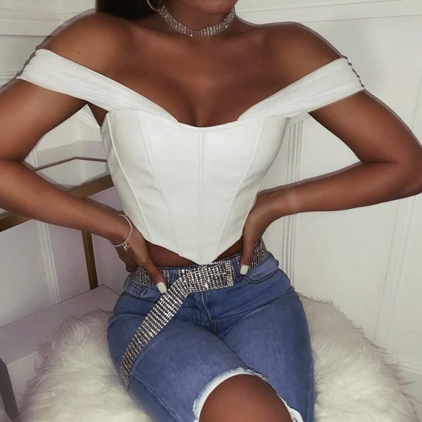 Cryptographic PU leather Sexy Bustier Corset Top Off Shoulder Chiffon White Strapless Female Top Cropped Tops Women Clothes - Takalr