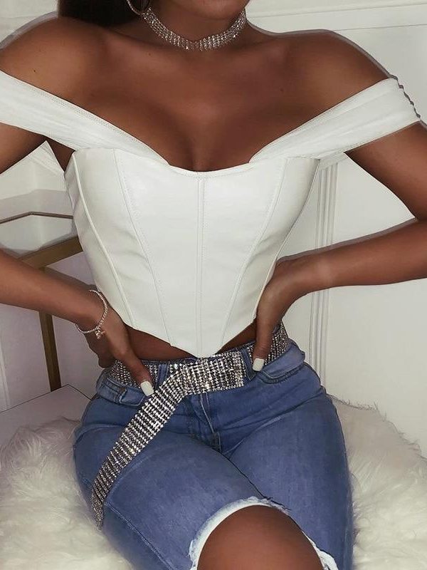 Cryptographic PU leather Sexy Bustier Corset Top Off Shoulder Chiffon White Strapless Female Top Cropped Tops Women Clothes - Takalr