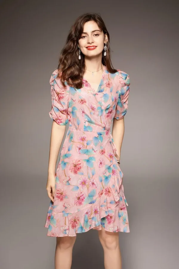 100% Natural Silk Women's Dresses Sexy V Neck Short Sleeves Floral Printed Lace Up Belt Ruffles Dress Vestidos
