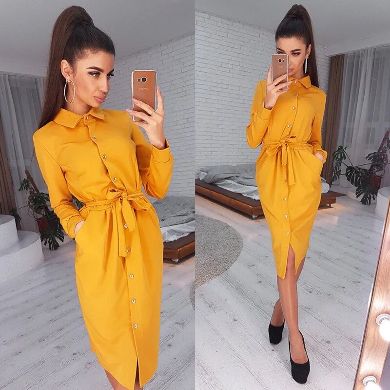 Women Casual Sashes Straight Party Dress Ladies Long Sleeve Turn Down Collar Office Work Vintage Midi Dress Vintage Solid - Image 3