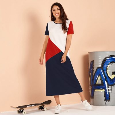 Blue Round Neck Short-sleeved Geometric Color Matching Stretch Large Size Ins Wind T-shirt Dress