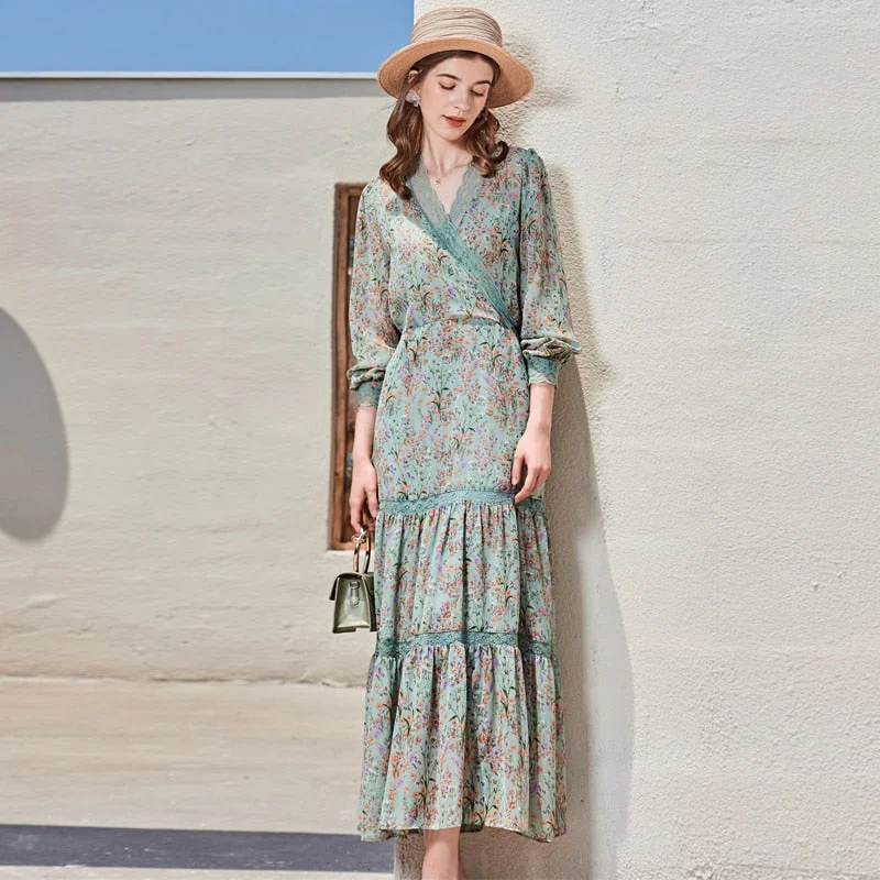 100% Silk Women's Runway Dresses Sexy V Neck Long Sleeves Lace Patchwork Printed Fashion Casual Dresses - Image 2