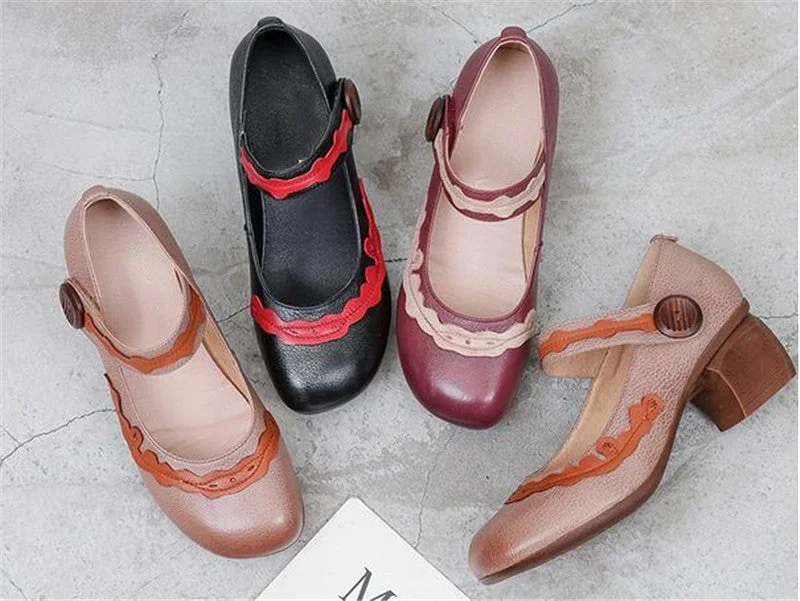 Retro Mixed Colors Women's Shoes High Heels Non-slip Leather Mary Jane - Image 17
