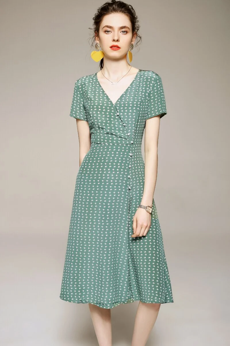 100% Silk Women's Runway Dresses V Neck Short Sleeves High Street Printed Fashion Casual Summer Dresses - Image 5