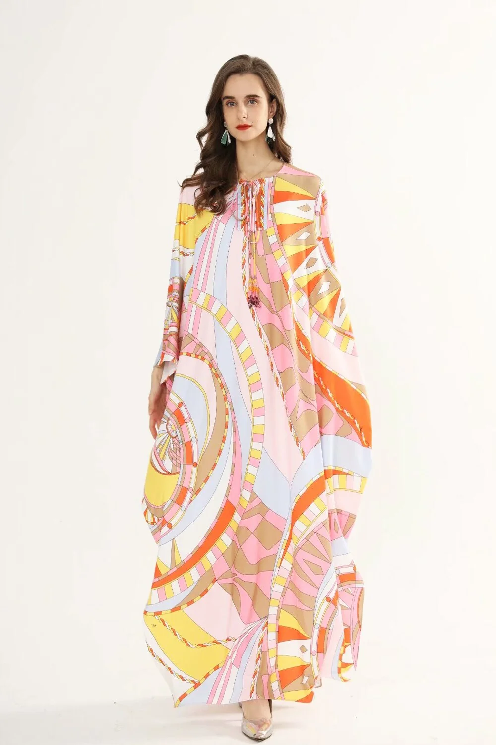 Women's Runway Dresses O Neck Lace Up Tassels Batwing Sleeves Printed Loose Plus Sizes Holiday Knitted Elastic Long Maxi Dress