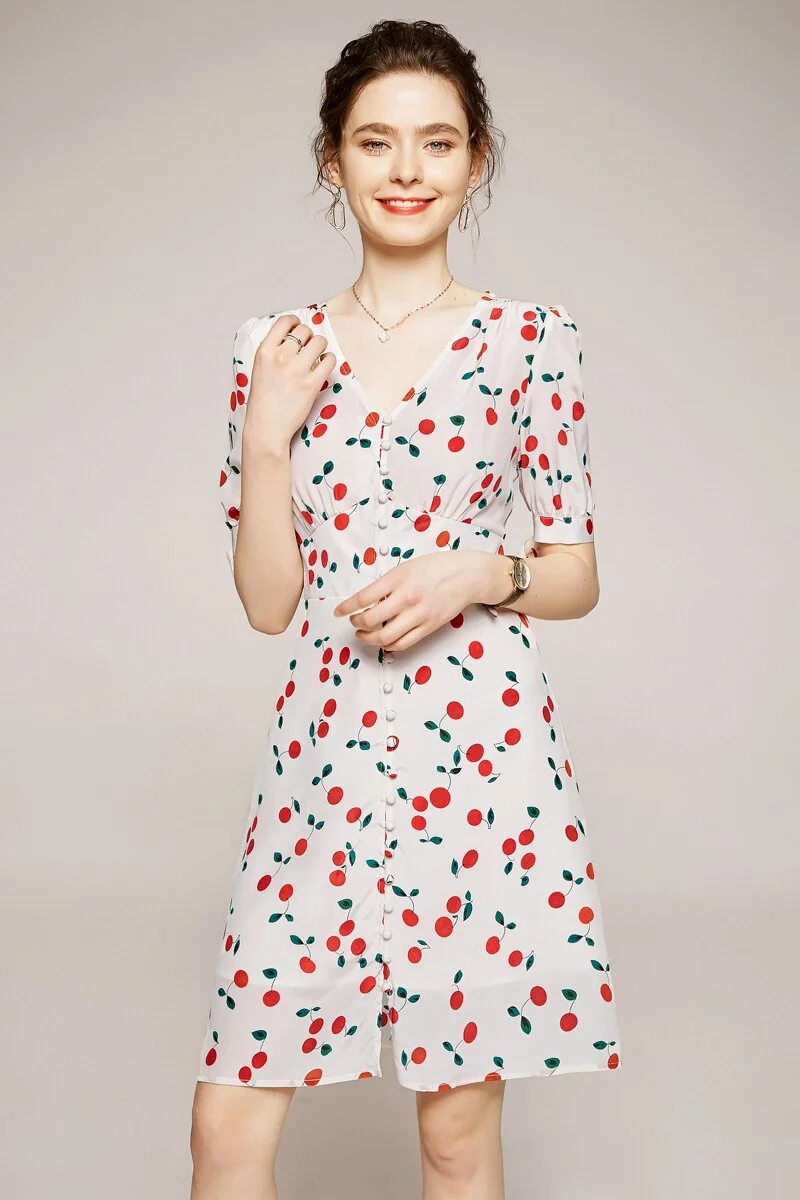 100% Silk Women's Runway Summer Dresses Sexy V Neck Short Sleeves Lace Up Printed Fashion Casual Short Dresses