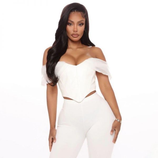 Cryptographic PU leather Sexy Bustier Corset Top Off Shoulder Chiffon White Strapless Female Top Cropped Tops Women Clothes - Takalr