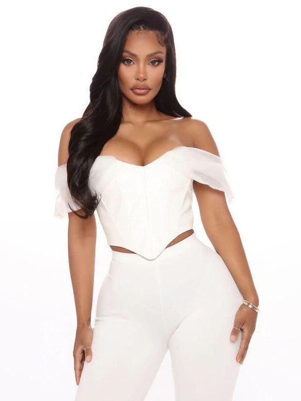 Cryptographic PU leather Sexy Bustier Corset Top Off Shoulder Chiffon White Strapless Female Top Cropped Tops Women Clothes - Takalr