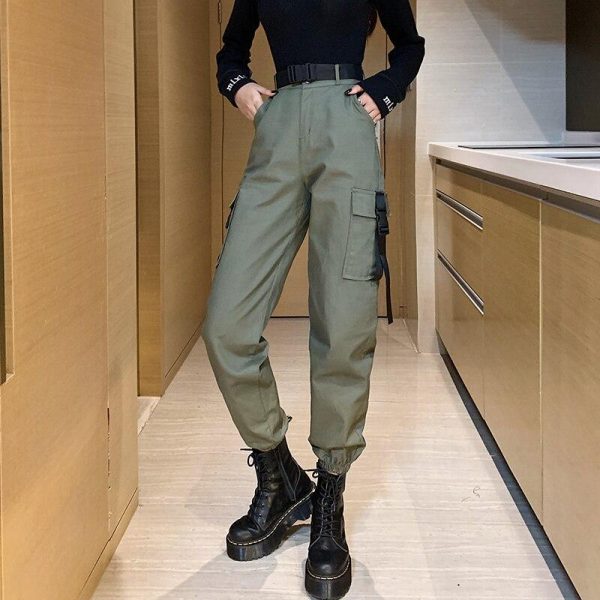 Spring Autumn Ribbon Cargo Pants For Women High Waist Hip Hop Trousers Loose BF Harajuku Handsome Hip Hop Pants Woman Cloth - Takalr