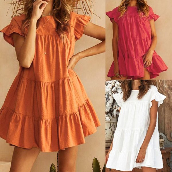 Women Casual Ruffle O Neck Short Sleeve Dress - Takalr