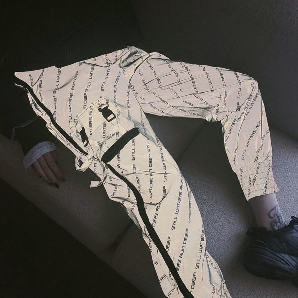 Spring Luminous Letter Printing Cargo Pants Reflective Casual Pants Hip Hop Streetwear Women High Waist Pants - Takalr