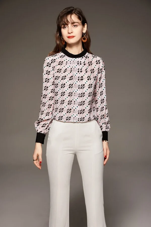 100 Silk Women's Shirt O Neck Long Sleeves Printed Ruched Pullover Fashion Blouse Elegant Tops