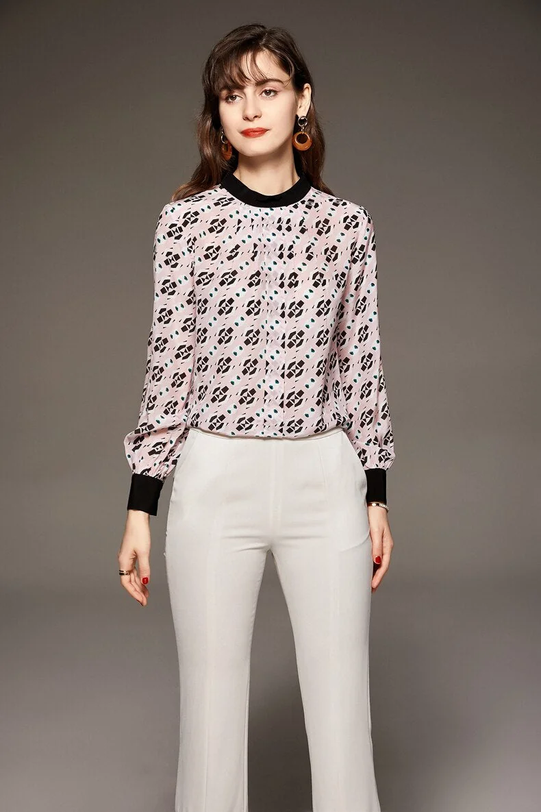 100 Silk Women's Shirt O Neck Long Sleeves Printed Ruched Pullover Fashion Blouse Elegant Tops