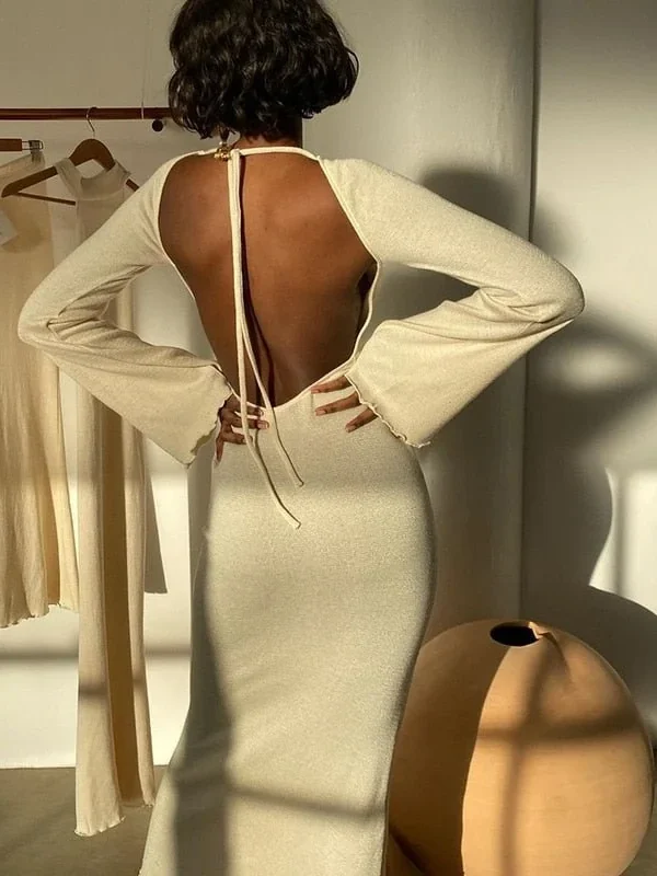 solid knitted open back flared long sleeve maxi dress elegant sexy clothes for women  fall resort wear C76-DF27