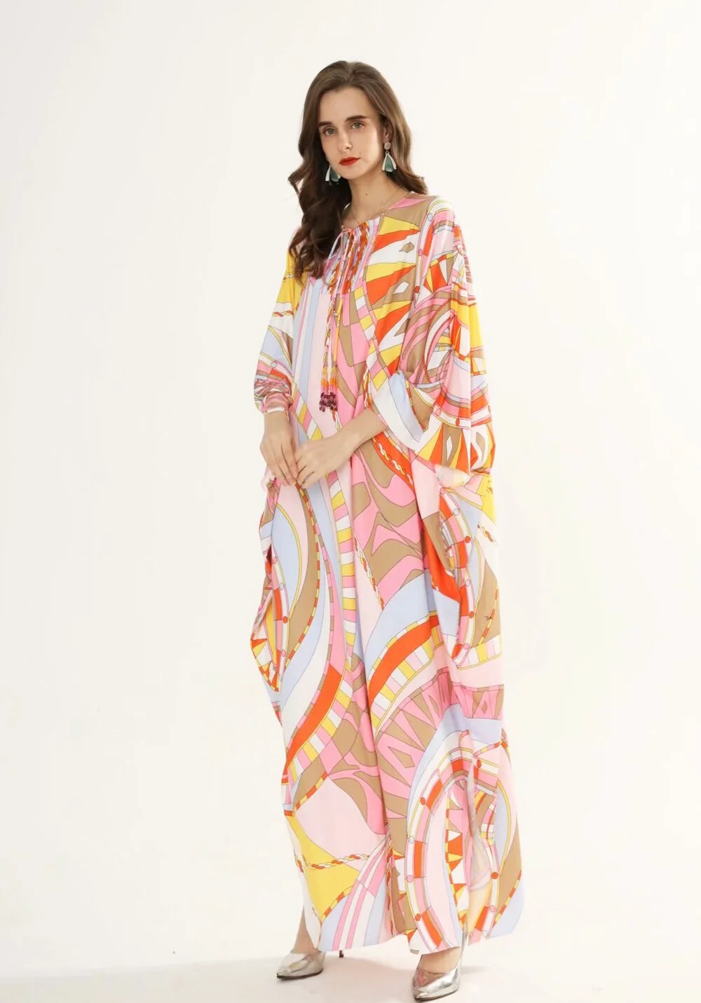 Women's Runway Dresses O Neck Lace Up Tassels Batwing Sleeves Printed Loose Plus Sizes Holiday Knitted Elastic Long Maxi Dress - Image 5