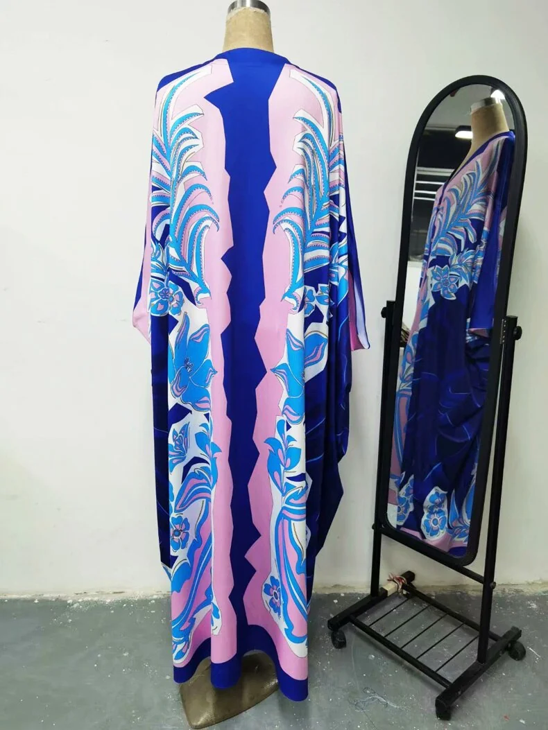 Women's Runway Dresses Sexy V Neck Batwing Sleeves Picked Up Printed Elegant Loose Design Fashion Casual Robes Maxi Dresses - Image 8