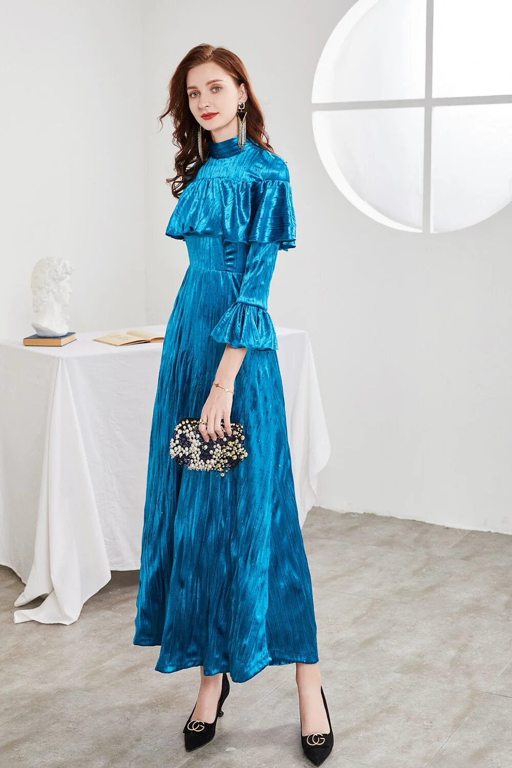Women's Runway Designer Dresses O Neck Long Sleeves Beaded Ruffles Elegant A Line Maxi Party Prom - Image 2