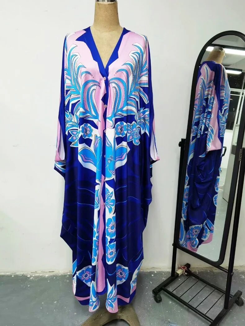 Women's Runway Dresses Sexy V Neck Batwing Sleeves Picked Up Printed Elegant Loose Design Fashion Casual Robes Maxi Dresses - Image 9