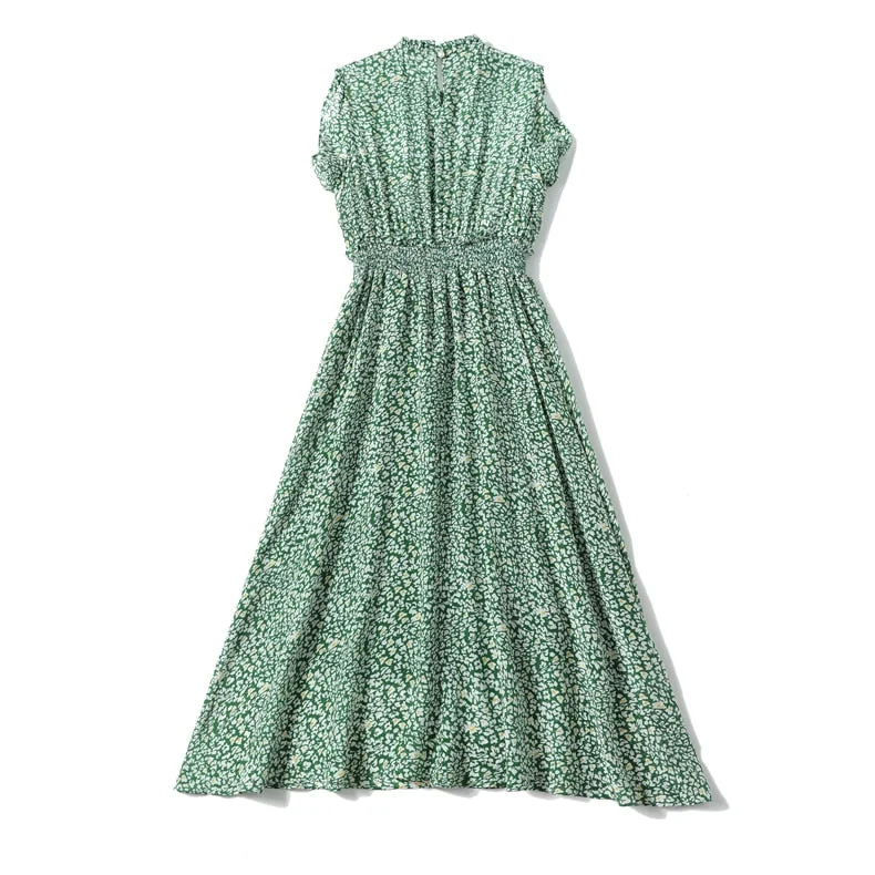 100% Silk Women's Dresses Stand Collar 3/4 Sleeves Off the Shoulder Printed Elgant Holiday Dress - Image 9