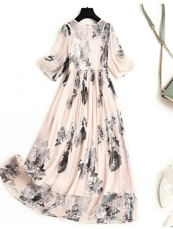 100% Natural Silk Women's Dresses O Neck Short Sleeves Printed Fashion Summer Holiday Dress