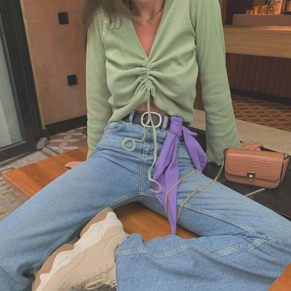 LVINMW V Neck Flare Sleeve Long Drawstring Slim Purple Crop Top Pleated Solid Simple Sweet T Shirts Women Casual Autumn Tops - Takalr