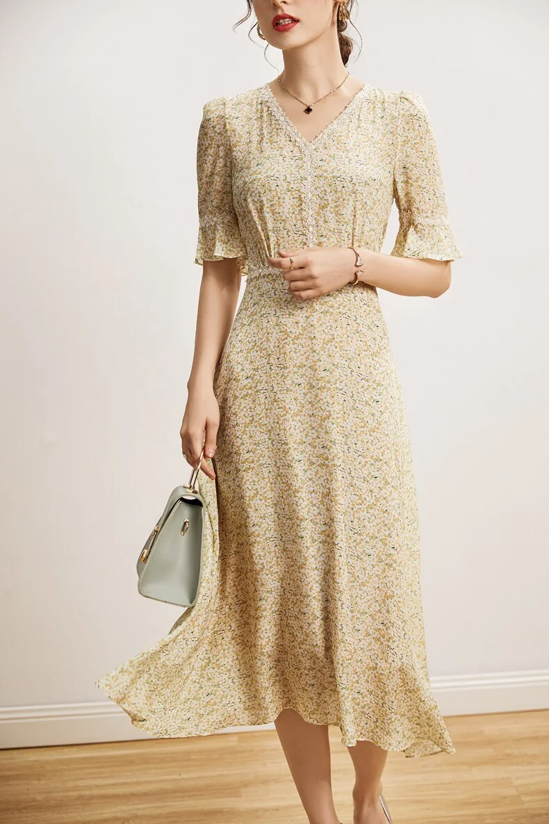 100% Natural Silk Women's Dresses Sexy V Neck Short Sleeves Printed Lace Piping Fashion Dress Vestidos - Image 2