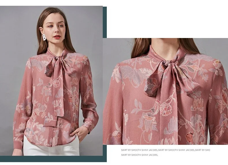100% Silk Women's Shirt Bow Collar Long Sleeves Floral Printed Fashion Blouse Camisa Tops - Image 5