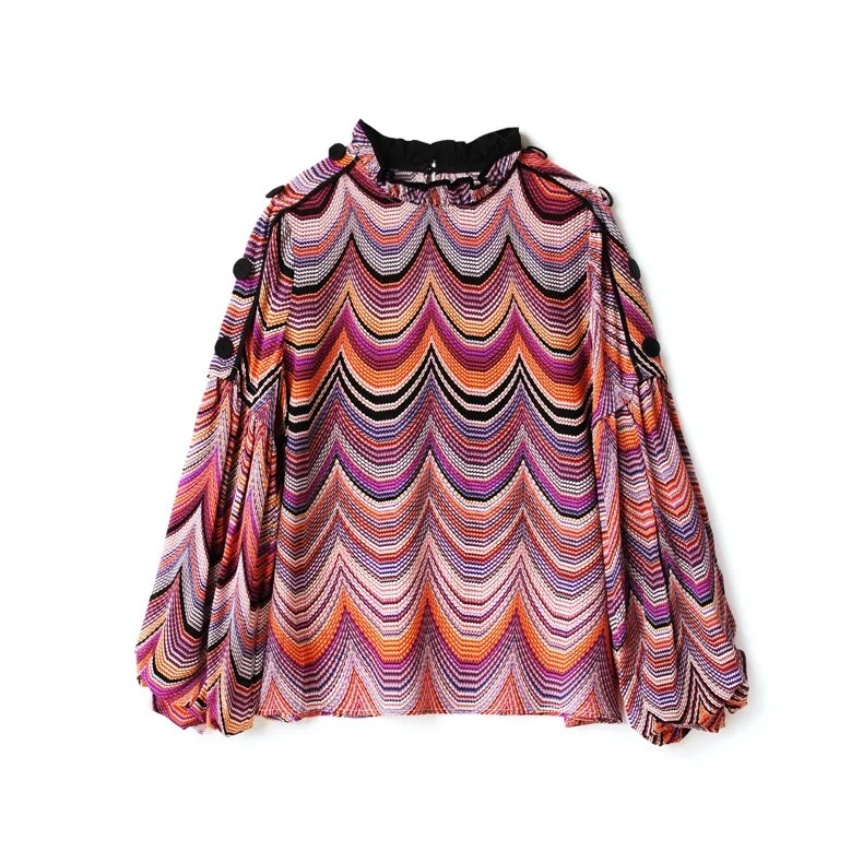 100% Silk Women's Shirt Ruffled Collar Long Lantern Sleeves Waves Printed Piping Fashion Casual Blouse - Image 18