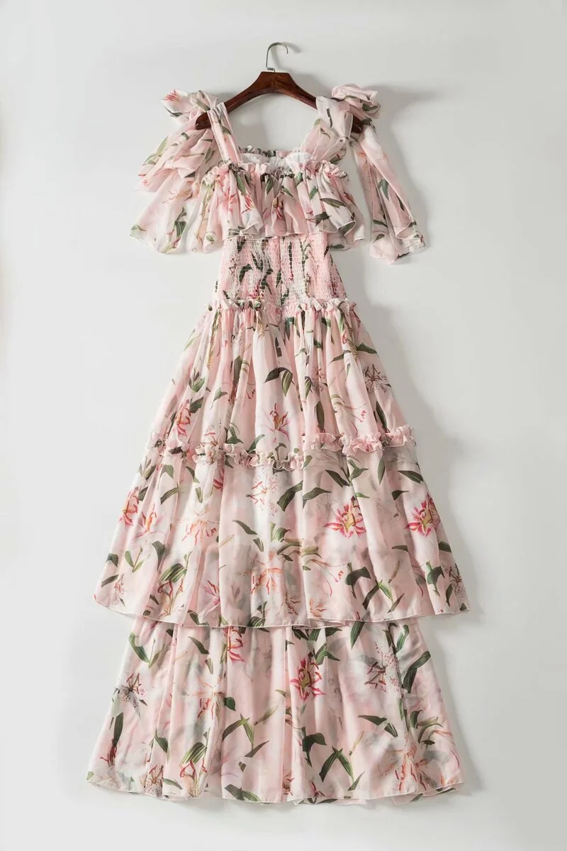 Women's Runway Dresses Spaghetti Straps Floral Printed Elastic Waist Tiered Ruffles Fashion Long Designer Dresses - Image 11