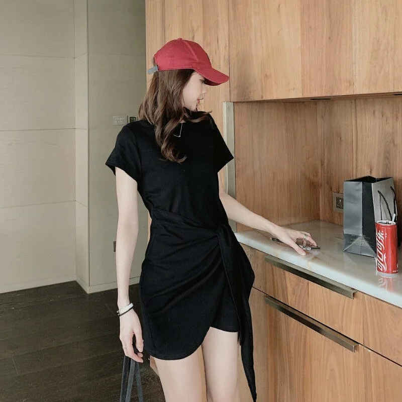 Sexy Solid Color Round Neck Cotton Belt Dress Women Summer High Waist A-line Party Nightclub Mini Dress Arrival - Image 10