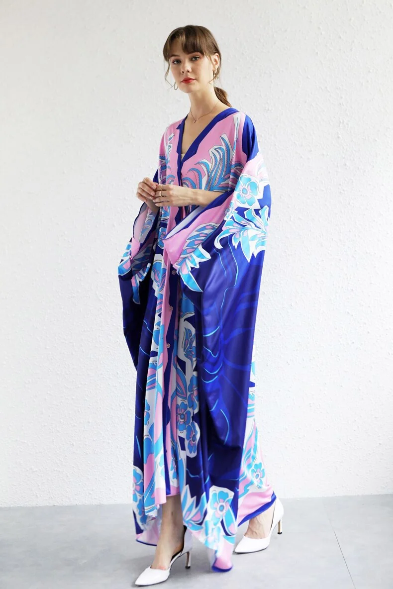 Women's Runway Dresses Sexy V Neck Batwing Sleeves Picked Up Printed Elegant Loose Design Fashion Casual Robes Maxi Dresses - Image 6