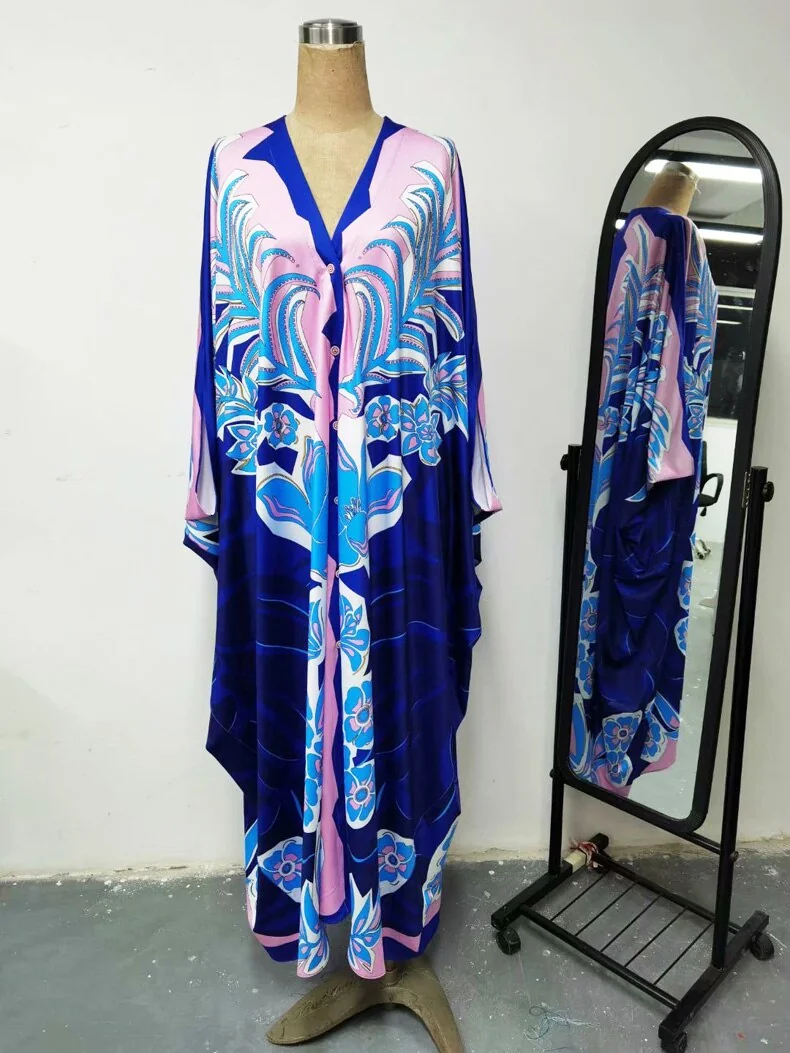 Women's Runway Dresses Sexy V Neck Batwing Sleeves Picked Up Printed Elegant Loose Design Fashion Casual Robes Maxi Dresses - Image 7