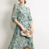 100% Natural Silk Women's Dresses Sexy V Neck 3/4 Sleeves Ruffles Lace Up Printed Fashion High Street Dress