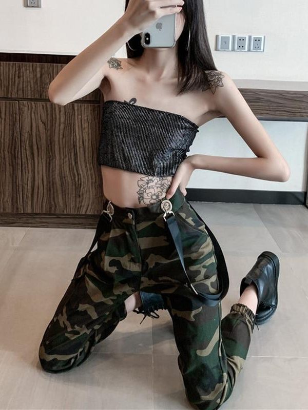 Women Suspenders Military Camouflage Pants Ladies Army High Waist Sweatpants Loose Camo Pants Trousers Hip Pop Street Joggers - Takalr