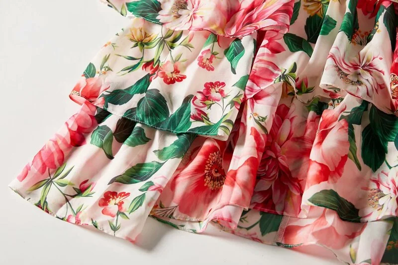 Women's Runway Dresses Sexy V Neck Short Flare Sleeves Floral Printed Tiered Ruffles Fashion Elegant Prom Long Dresses - Image 14