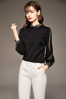 100% Silk Women's Shirt Vintage Button Stand Collar Long Sleeves Embroidery Elegant Zipper Back Blouse Tops